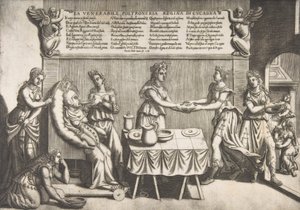 Eerbiedwaardige Luiheid, Koningin van Luilekkerland, een dikke vrouw zittend op een verplaatsbare toiletstoel door Nicolo Nelli