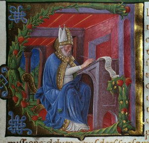 Sint Augustinus schrijft Miniatuur door Nicolo Polani uit De civitate dei door Nicolo Polani