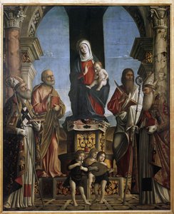De Maagd en Kind op de troon met St. Nicolaas, St. Petrus, St. Bartolomeüs en St. Augustinus door Nicolo Rondinelli
