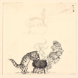 Illustratie voor "De Dikke Kat" en Schets door Niels Skovgaard