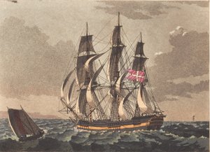 Een loodsboot en een Deens fregatschip voor een sluier door Niels Truslew