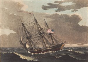 Een Amerikaans schip lenzend voor een fok
