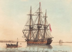 Een Deens oorlogsschip voor anker in de vroege ochtend