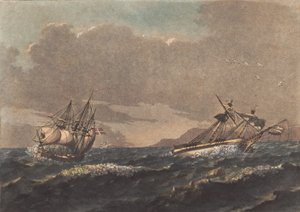 Een schip dat landt, en een brik die voor anker drijft, vergaat op een blinde rots