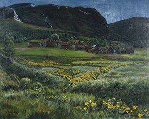 Juninacht en oude westelijke Noorse erf door Nikolai Astrup