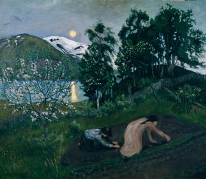 Lentenacht in de tuin, Nachtwerk in de tuin door Nikolai Astrup
