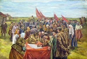 Het ondertekenen van de staatsobligaties, midden jaren 1930 door Nikolai Ivanovich Shestakov