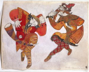 De skomorokhs. Kostuumontwerp voor de opera Prins Igor door A. Borodin, 1914