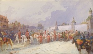 Ingang van de gevangen familie van Kuchum Khan in Moskou. 1599, 1891 door Nikolai Nikolayevich Karasin