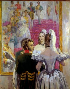 Russische dichter Alexander Pushkin (1799-1837) en zijn vrouw Natalia Gontcharova op het bal in het Anichkof Paleis