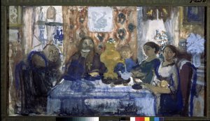Thee drinken. Een familie rond een tafel met een samovar in het midden door Nikolaj Nikolaevic Sapunov