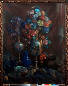 Stilleven (Vazen, bloemen en fruit) door Nikolaj Nikolaevic Sapunov