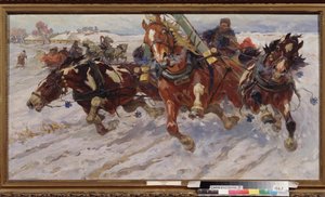 Troika (slee met drie paarden) door Nikolay Semenovich Samokish
