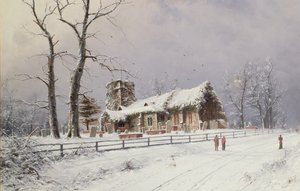 Winterscène met figuren op een pad bij een kerk door Nils Hans Christiansen