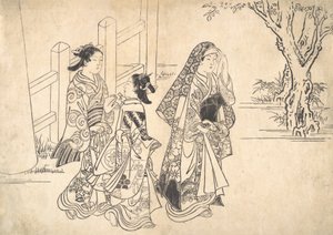 Een courtisane gevolgd door twee meisjesbedienden door Nishikawa Sukenobu