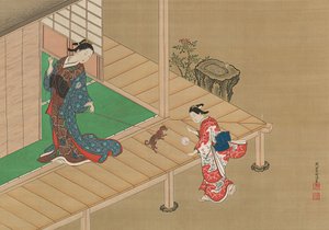 Courtisane en bediende spelen met een hond, ca. 1716-1736
