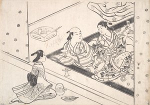 Dame speelt Shamisen, met haar minnaar en bediende in de buurt door Nishikawa Sukenobu