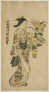 Jong meisje met een bloemstuk door Nishikawa Sukenobu