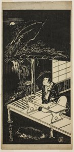 Man in rieten hut die naar de maan kijkt door Nishimura Shigenaga