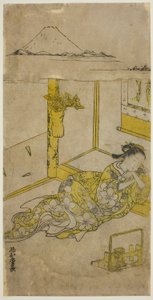 Slapende jonge vrouw met de berg Fuji erboven door Nishimura Shigenaga