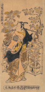 De acteur Ogino Isaburo als een rondtrekkende bloemenverkoper, ca. 1738