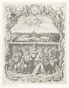 Gezicht op Utrecht en allegorie met Minerva en deugden