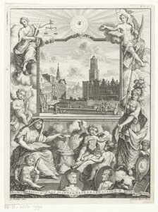 Stadsgezicht met Domkerk te Utrecht en allegorie met Utrechtse stedenmaagd door Noach van der Meer (I)