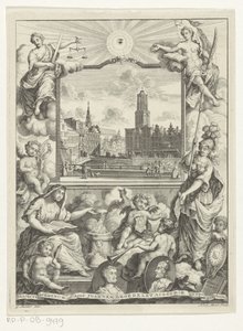 Stadsgezicht met Domkerk te Utrecht en allegorie met Utrechtse stedenmaagd door Noach van der Meer (I)