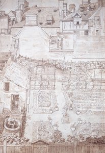 Een tuin van een herenhuis, met perken en wijnpergola, omgeven door gebouwen, ca. 1677 door Noel Gasselin