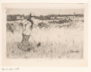 Wandelende dame met hond in een landschap