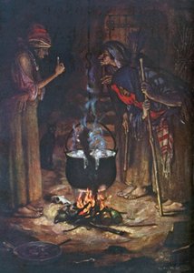 De vreemde zusters. Macbeth - Akte IV, Scène 1 (kleurenlitho)