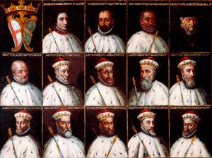 Wapenschild van de Republiek Genua en portretten van de doges - Simone Boccanegra, Ottaviano Fregoso en Antoniotto II Adorno; Andrea Doria. Oberto Cattaneo Lazzari, Battista Spinola, Battista Lomellini, Cristoforo Grilaldi Rosso, Giovanni Battista Doria