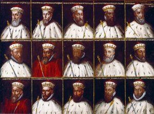 Wapenschild van de Republiek Genua en portretten van de Doges. Gaspare Grimaldi Bracelli, Luca Spinola, Giacomo Promontorio, Agostino Pinello Ardimenti, Pietro Giovanni Chiavica, Girolamo Vivaldi, Paolo Battista Giudice, Battista Cicala Zoaglio, Giovan door Northern Italian School