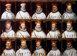 Wapenschild van de Republiek Genua en portretten van de Doges. Giovanni Stefano Doria, Francesco Gio. Brignole Sale, Agostino Pallavicini, Giov.Battista Durazzo, Agostino Giovanni De Marini, Giovan Battista Lercari, Luca Giustiniani, Giovanni Battista L