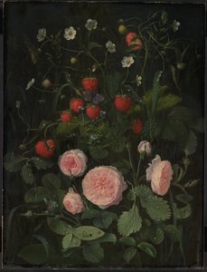 Stilleven met rozen en aardbeien