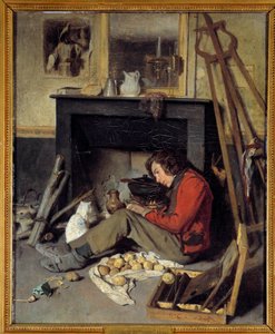 Atelier interieur. Een schilder bij zijn open haard. Schilderij door Octave Tassaert (1800-1874), 1845