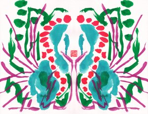 Pauw groen rood bloemenpatroon door Odilia W. Y. Fu
