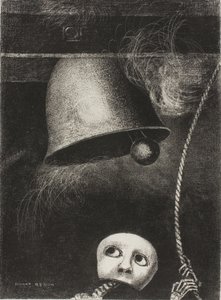 Een masker luidt de doodsklok, plaat drie uit To Edgar Poe door Odilon Redon