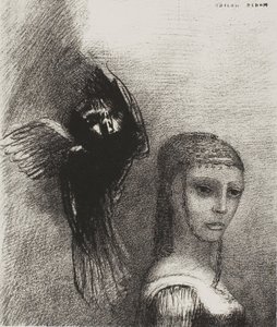 En een grote vogel, die uit de lucht neerdaalt, werpt zich tegen het hoogste punt van haar haar, plaat 3 van 10 door Odilon Redon