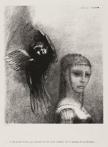 En een grote vogel, die uit de lucht neerdaalt, werpt zich tegen het hoogste punt van haar haar, plaat 3 van 10 door Odilon Redon