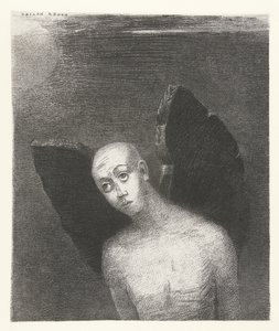 De gevallen engel slaat zijn zwarte vleugels uit door Odilon Redon