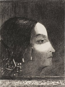Dramatisch en groots met haar gezicht als dat van een druïdepriesteres door Odilon Redon