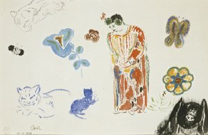 Studieblad: vrouw, bloemen en dieren door Odilon Redon
