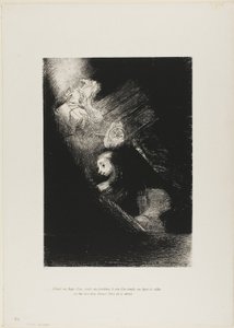 Eerst een plas water, dan een prostituee, de hoek van een tempel, het gezicht van een soldaat, een wagen met twee steigerende witte paarden, plaat 1 uit De verzoeking van de heilige Antonius (1e serie) door Odilon Redon