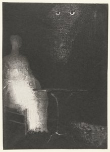Ik kijk van bovenaf op de vage vormen van een menselijke figuur door Odilon Redon