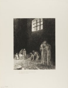 In de schaduw zijn mensen, huilend en biddend, omringd door anderen die hen aansporen, plaat 6 van 24