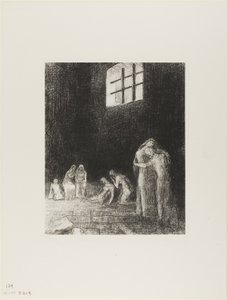 In de schaduw zijn mensen, huilend en biddend, omringd door anderen die hen aansporen, plaat 6 van 24 door Odilon Redon