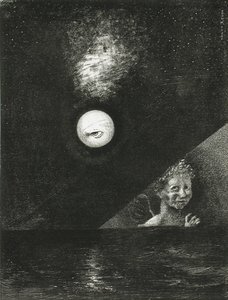 Aan de horizon, de engel van zekerheid, en in de donkere lucht, een vragende blik. Serie: Voor Edgar door Odilon Redon