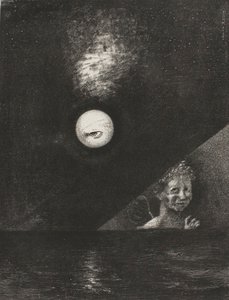 Aan de horizon de engel van zekerheid en in de sombere hemel een vragend oog, plaat vier uit To Edgar Poe door Odilon Redon