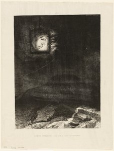 Precaire Glinstering, een Hoofd Opgehangen aan de Oneindigheid, plaat 3 van 6 door Odilon Redon